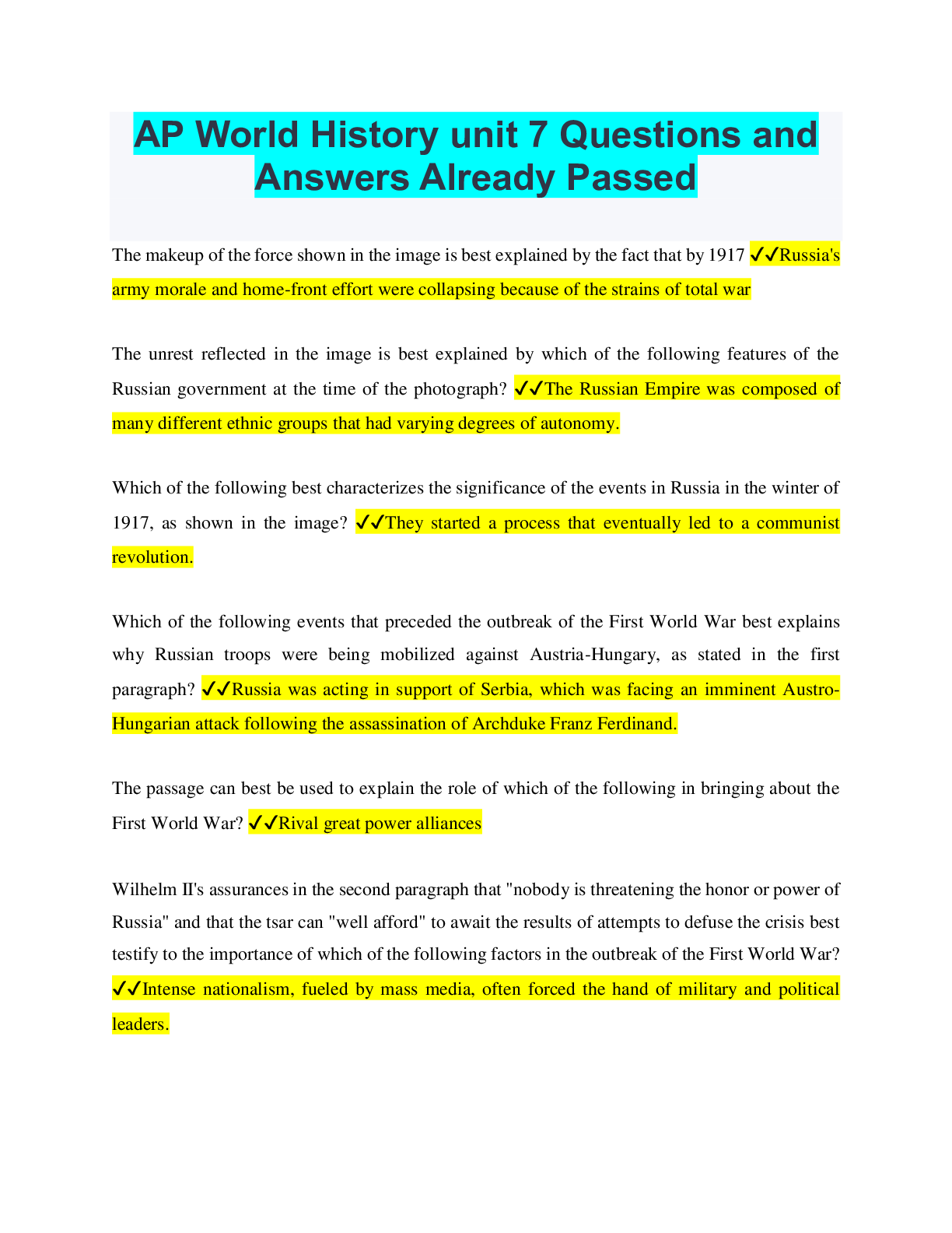 Preview of AP World History unit 7 Questions and Answers Already Passed